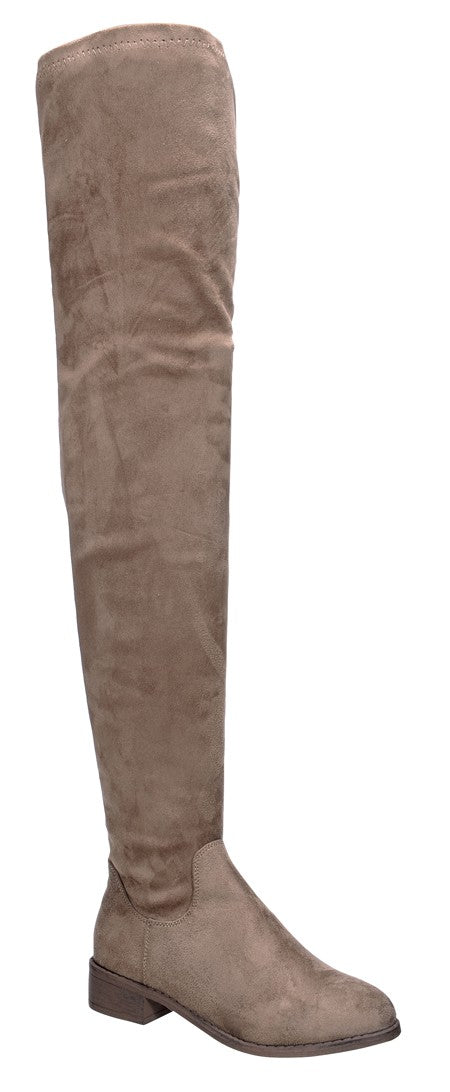 Suede Low Heel Thigh High Boots - Taupe