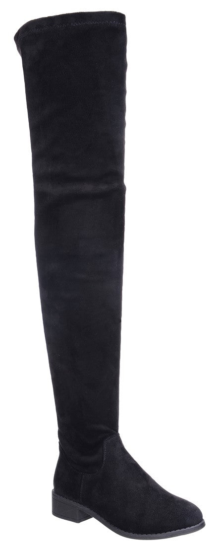 Suede Low Heel Thigh High Boots - Black