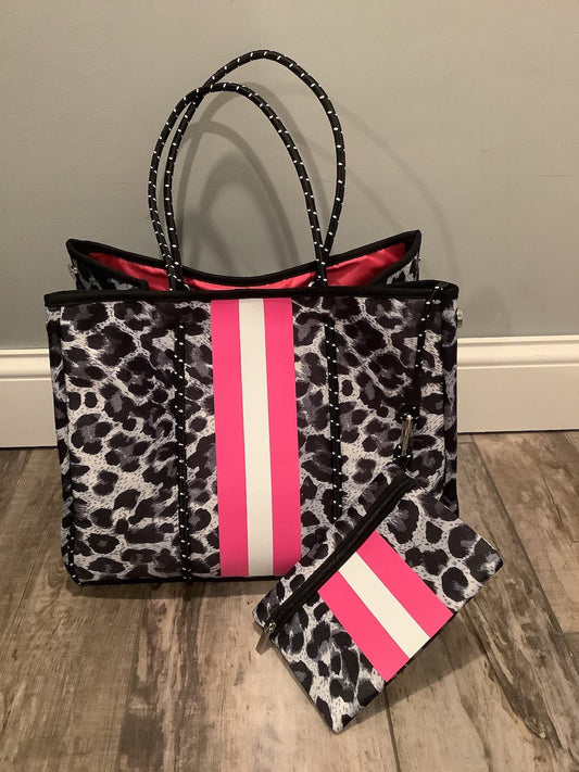 Grey/Black Leopard Neoprene Tote with Pink Stripe
