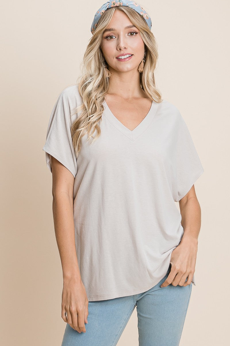 Curvy Girl Solid Basic V Neck Top - Taupe
