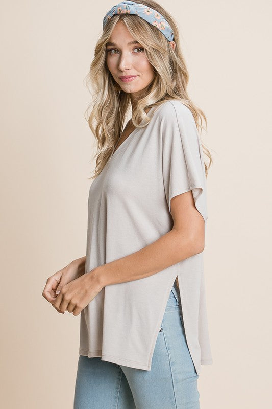 Curvy Girl Solid Basic V Neck Top - Taupe