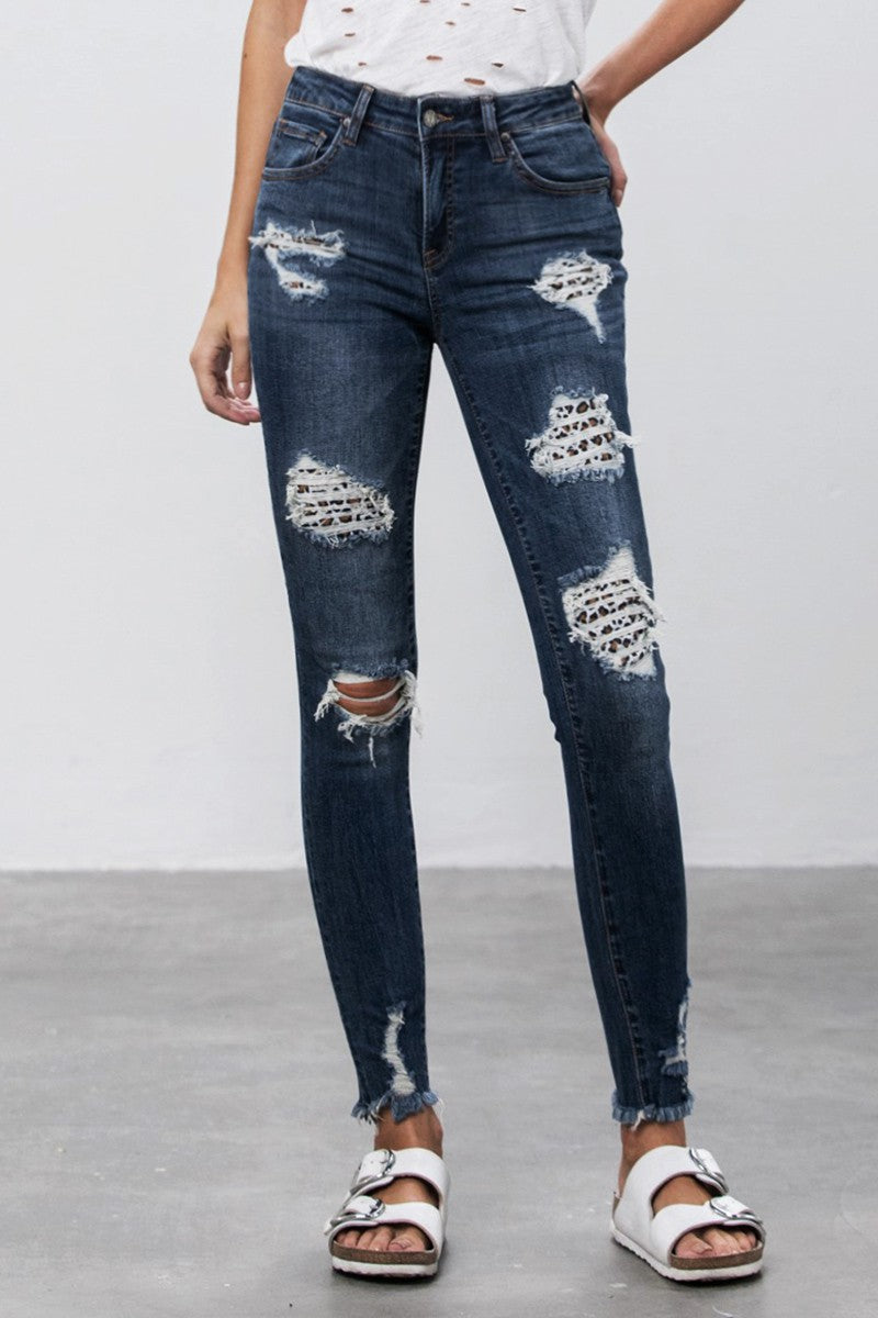 Distressed with Leopard Patched Ankle Skinny Jeans