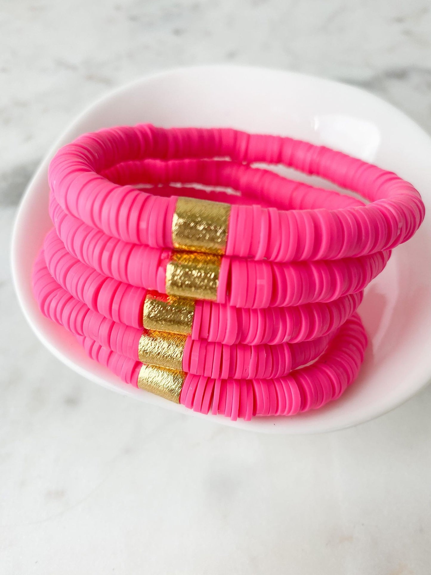 Hot Pink with Gold Barrel 8mm Heishi Bracelet