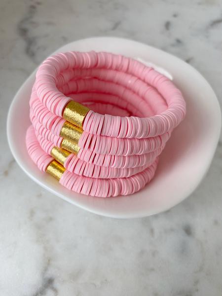 Light Pink, Gold Barrel 8mm Heishi Bracelet