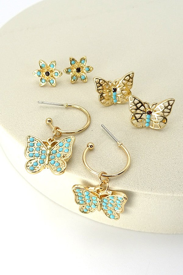 Turquoise Flower & Butterfly Trio Earrings