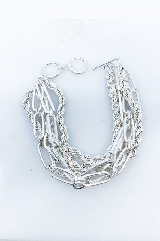 Layered Chain Toggle Clasp Bracelet - Silver