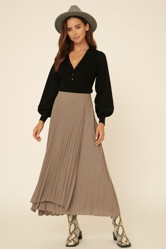 Solid Accordion Pleated Wrap Maxi Skirt - Moss