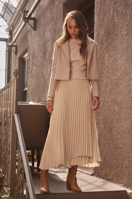 Solid Accordion Pleated Wrap Maxi Skirt - Beige