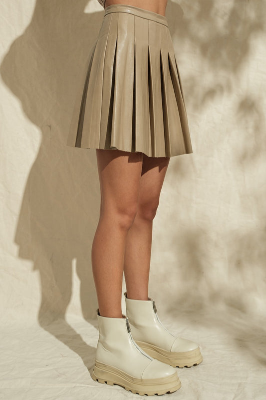 Ruby Pleated Leather Skirt - Taupe