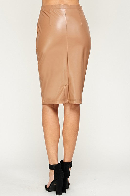 Faux Leather Stretch Pencil Skirt - Tan