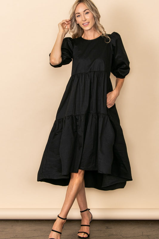 Poplin Tiered Midi Dress - Black