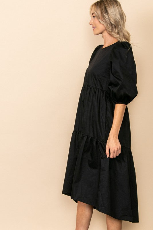 Poplin Tiered Midi Dress - Black