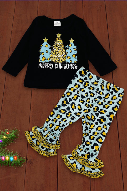 Kids Leopard Christmas Trees Tee and Pant Set