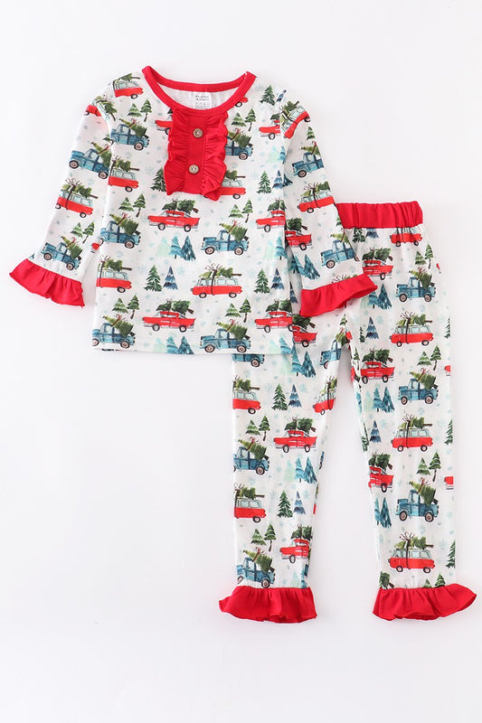 Children's Red Christmas Tree Ruffle Pajama Set