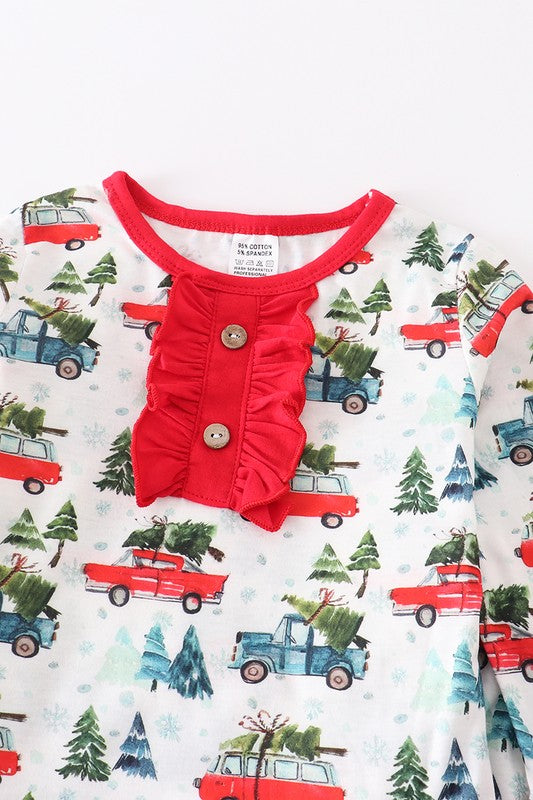 Children's Red Christmas Tree Ruffle Pajama Set