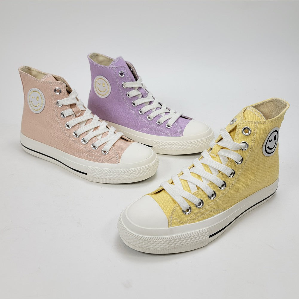 Soft Canvas High Top Smiley Face Sneakers - Lavender