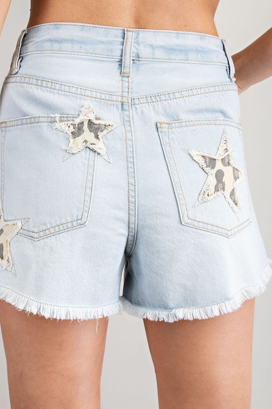 Washed Denim Distressed Shorts with Star Patch