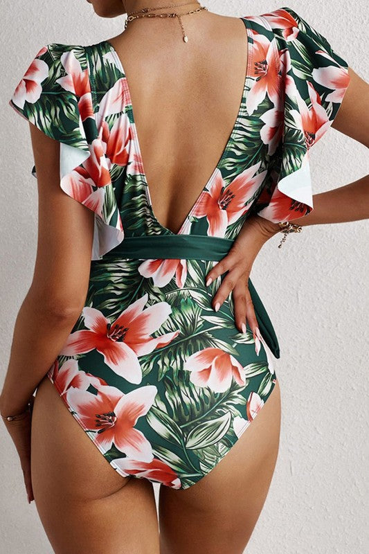 Floral Print Ruffles One Piece Swimsuit