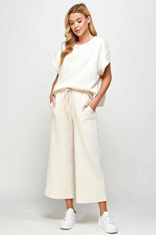 Textured Cropped Wide Pants - Cream