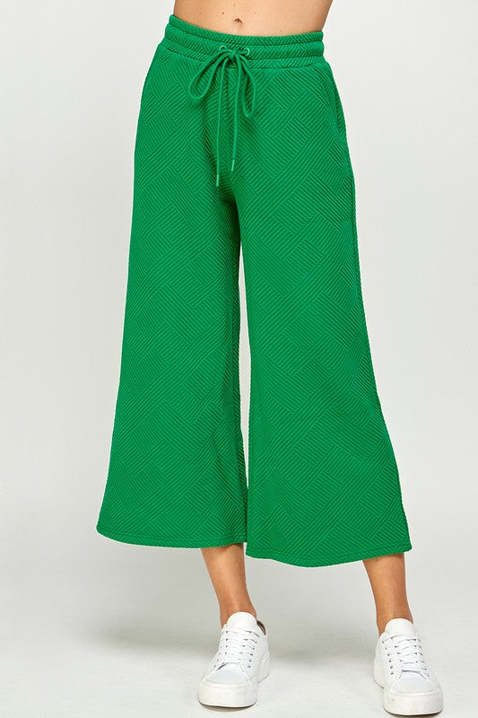 Textured Cropped Wide Pants - Green