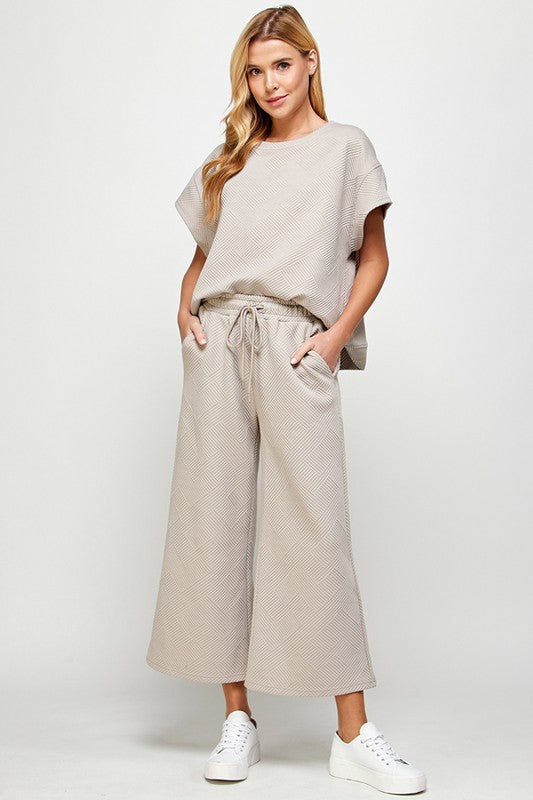 Textured Cropped Wide Pants - Oatmeal