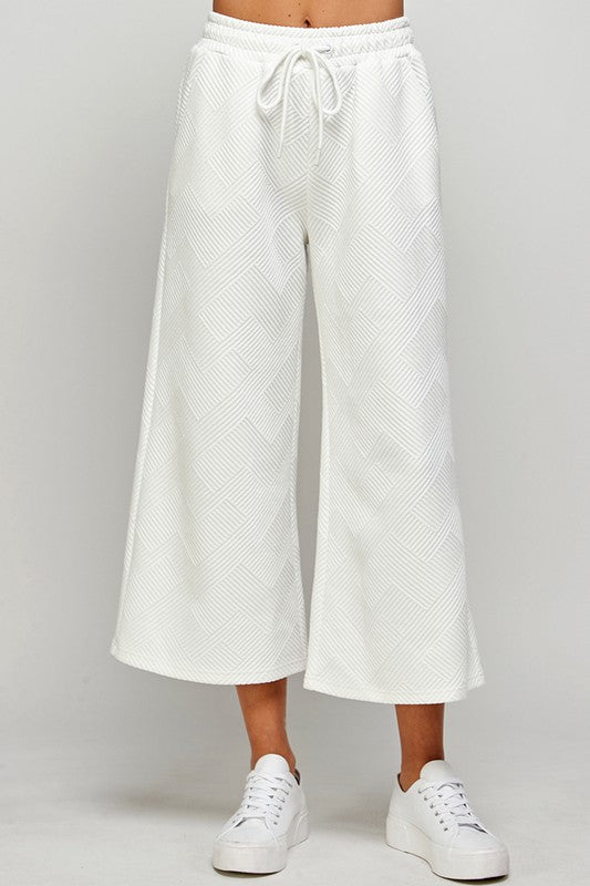 Textured Cropped Wide Pants-White