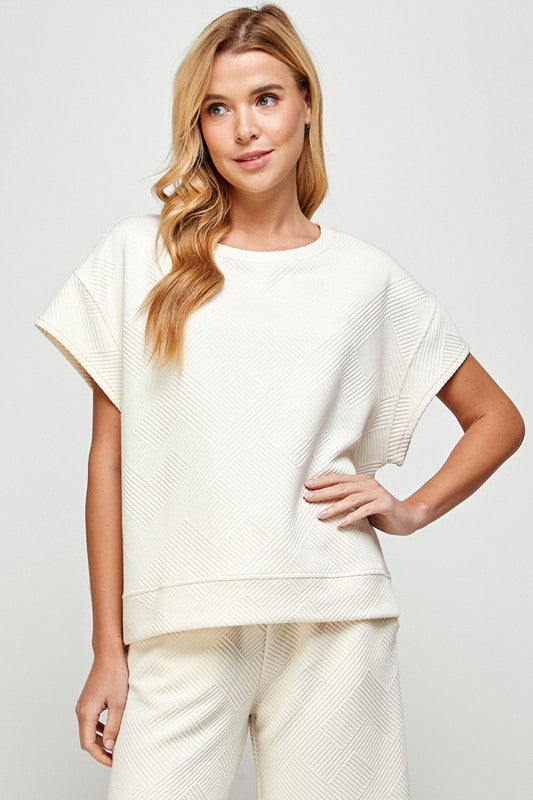 Textured Short Sleeve Sweatshirt Top - Cream