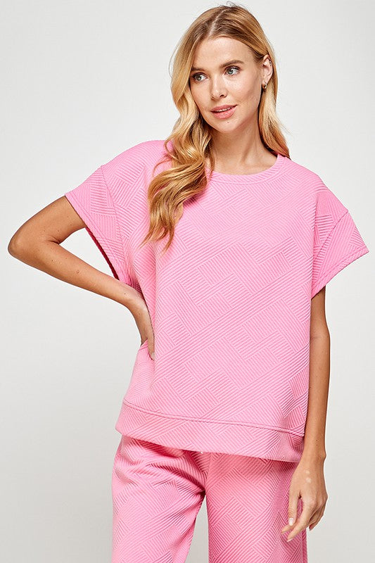 Textured Short Sleeve Sweatshirt Top-Bubble Gum
