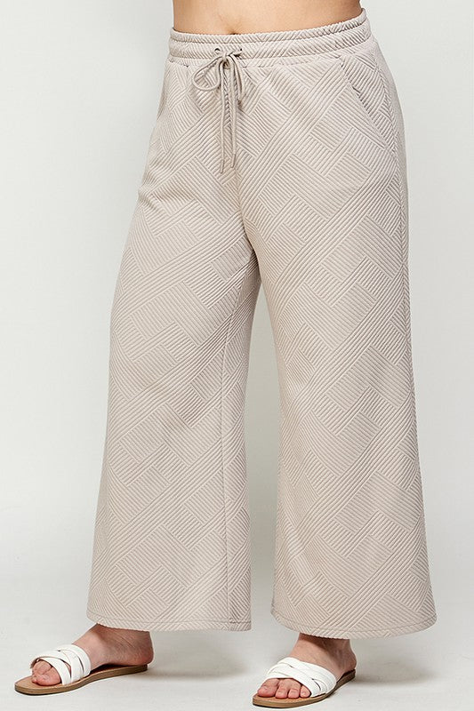 Curvy Girl Textured Cropped Wide Pants - Oatmeal