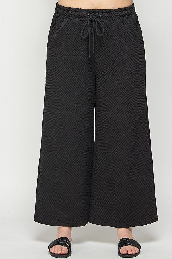 Curvy Girl Textured Cropped Wide Pants - Black