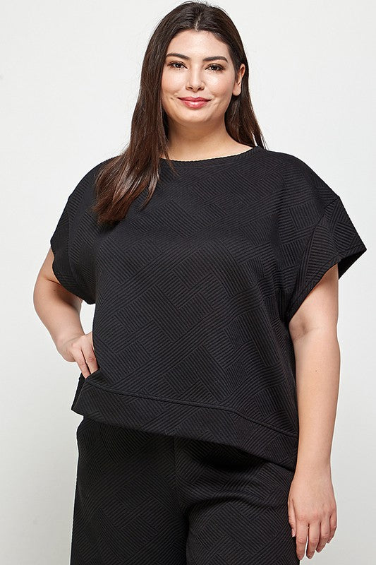 Curvy Girl Textured Short Sleeve Sweatshirt Top - Black