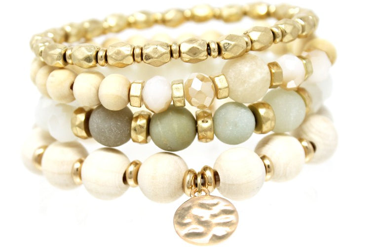 Gemstone, Wood & Metal Bead Charm Bracelet Set - Mint