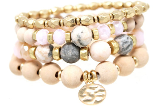 Gemstone, Wood & Metal Bead Charm Bracelet Set - Pink