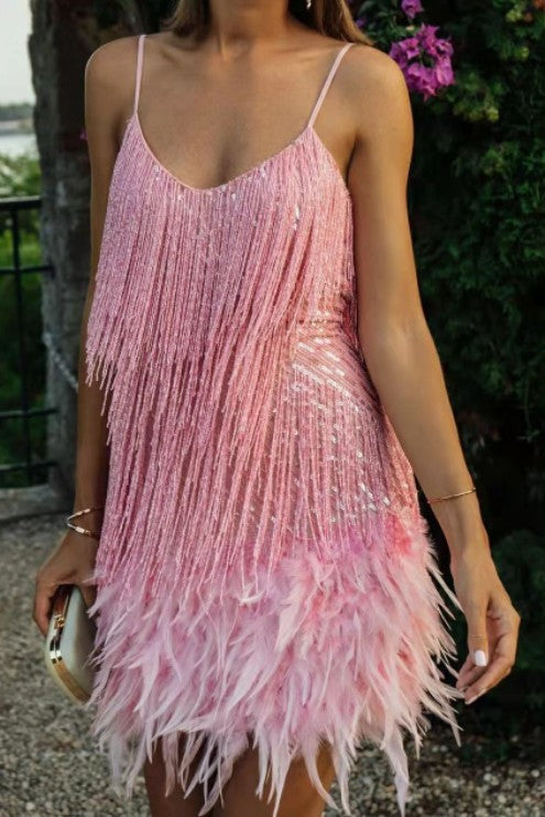 Feather Dress with Sequin Fringe