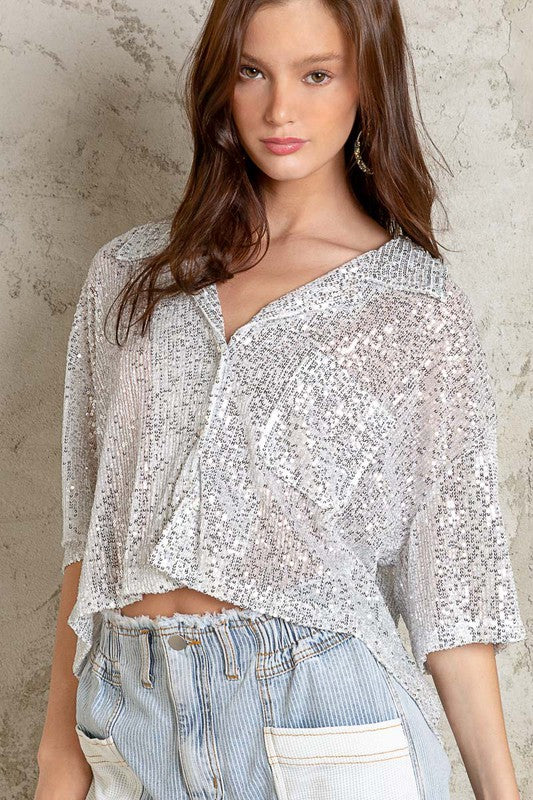 Cropped Short Sleeve Sequin Shirt