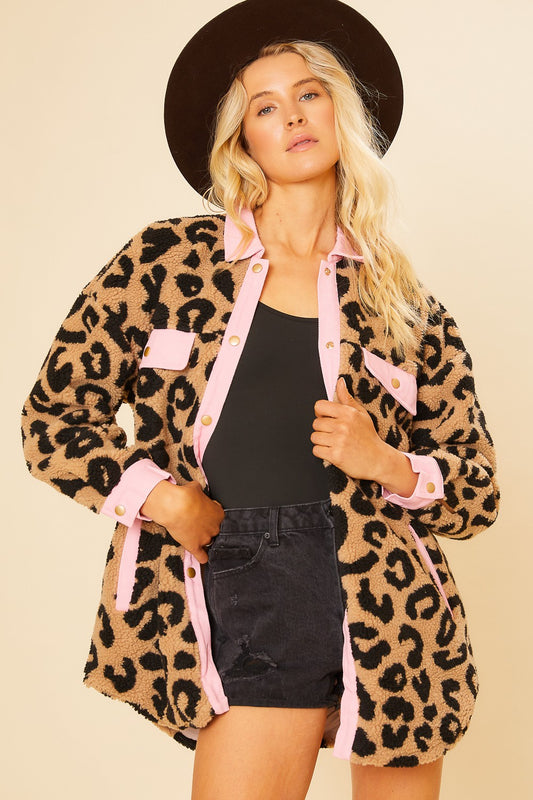 Leopard Teddy Bear Shacket - Pink