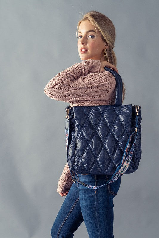 Diamond Quilted Puffer Cross Bag with Strap - Navy