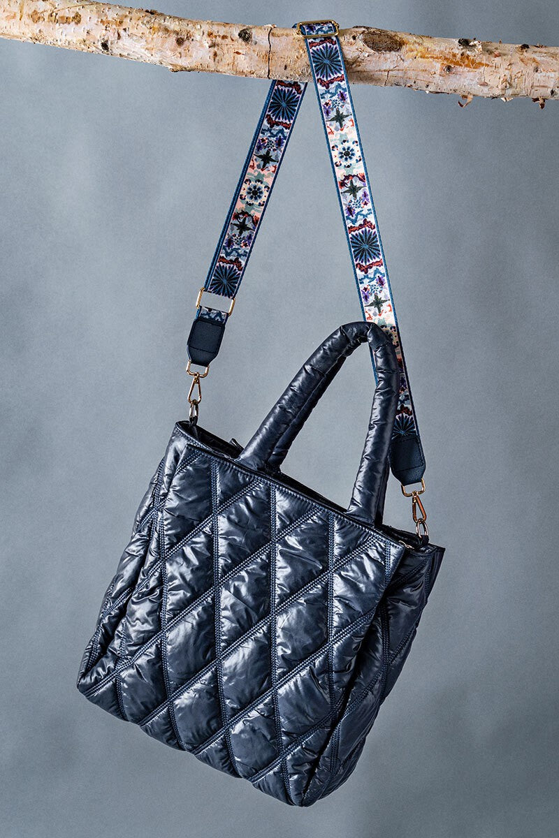 Diamond Quilted Puffer Cross Bag with Strap - Navy