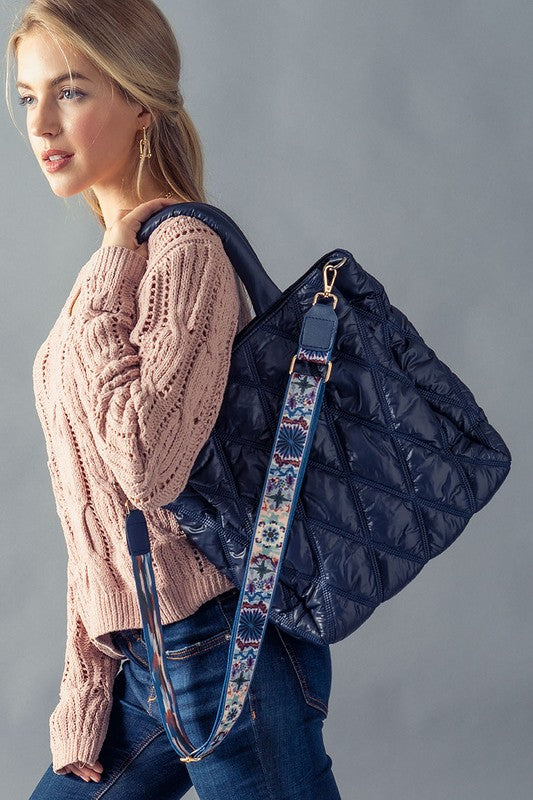 Diamond Quilted Puffer Cross Bag with Strap - Navy