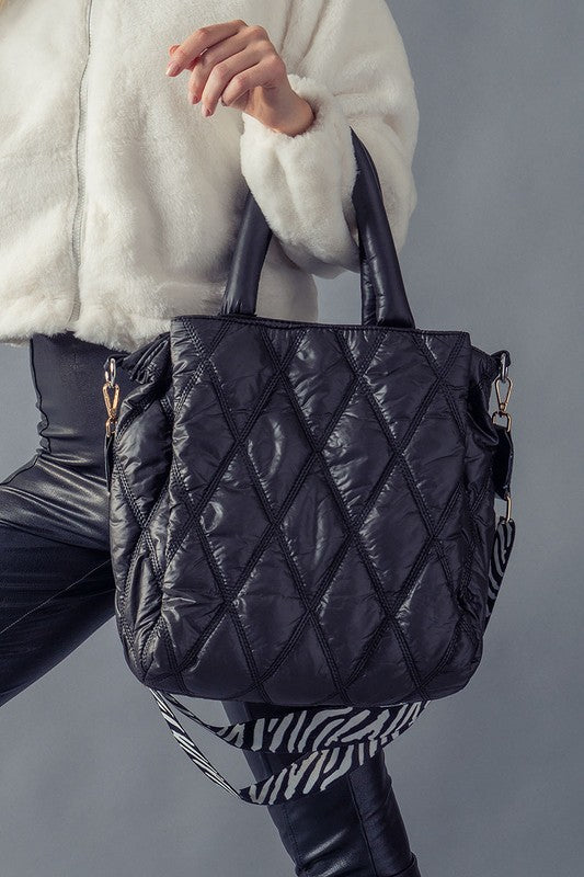 Diamond Quilted Puffer Cross Bag with Strap - Black