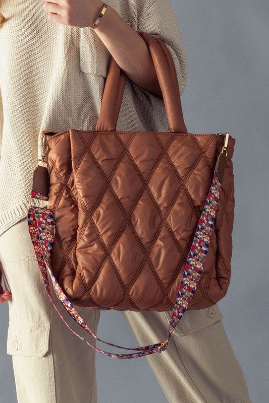Diamond Quilted Puffer Cross Bag with Strap - Rust