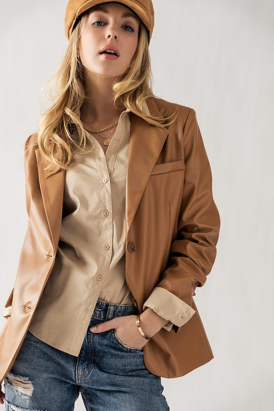 Faux Leather Lapel Neck Blazer - Camel