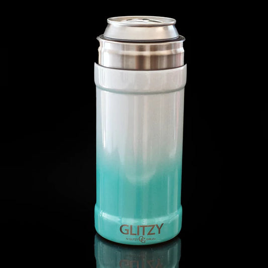 12 oz. Glitzy Skinny Can Cooler - Teal Ombre Glitter