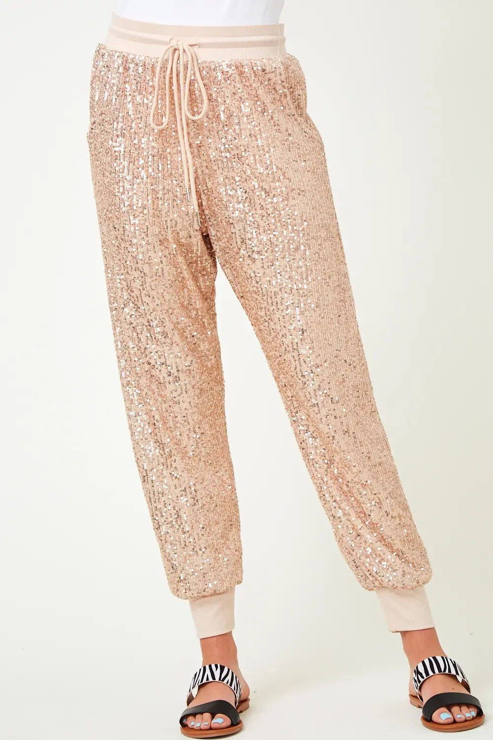 Stretchy Sequin Jogger Pants - Rose Gold