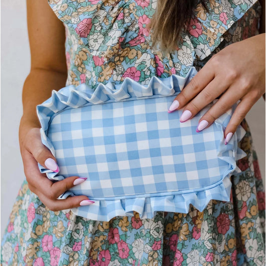 Light Blue Gingham Frilly Makeup Bag