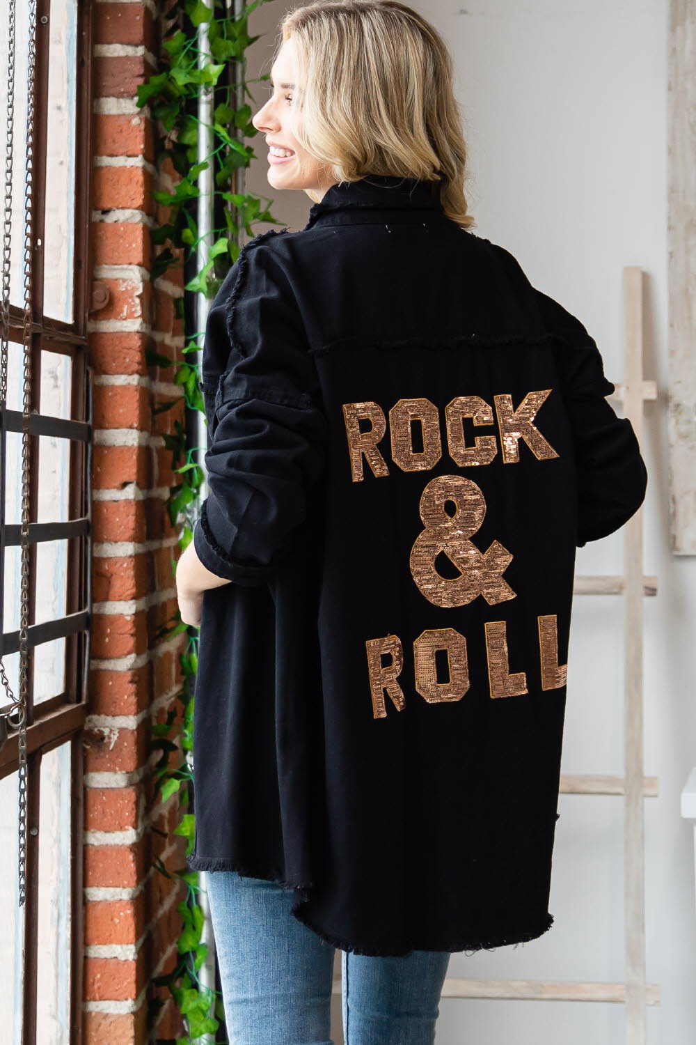 Sequin Rock & Roll Patch Denim Jacket