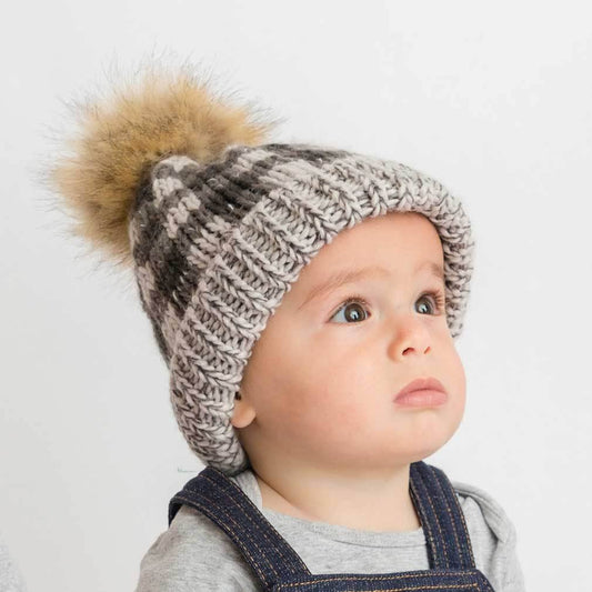 Kids Buffalo Check Pom Pom Beanie Hat Mo