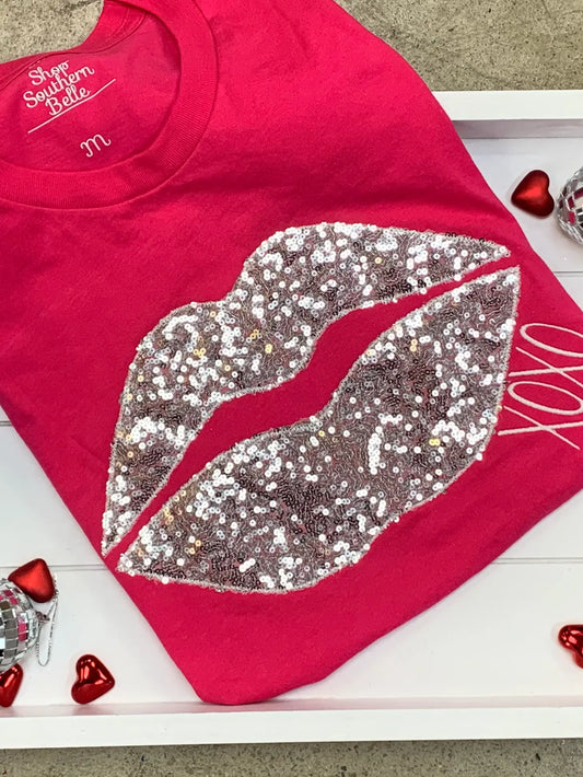 Valentine Lips XOXO Embroidered Tee - Fuchsia