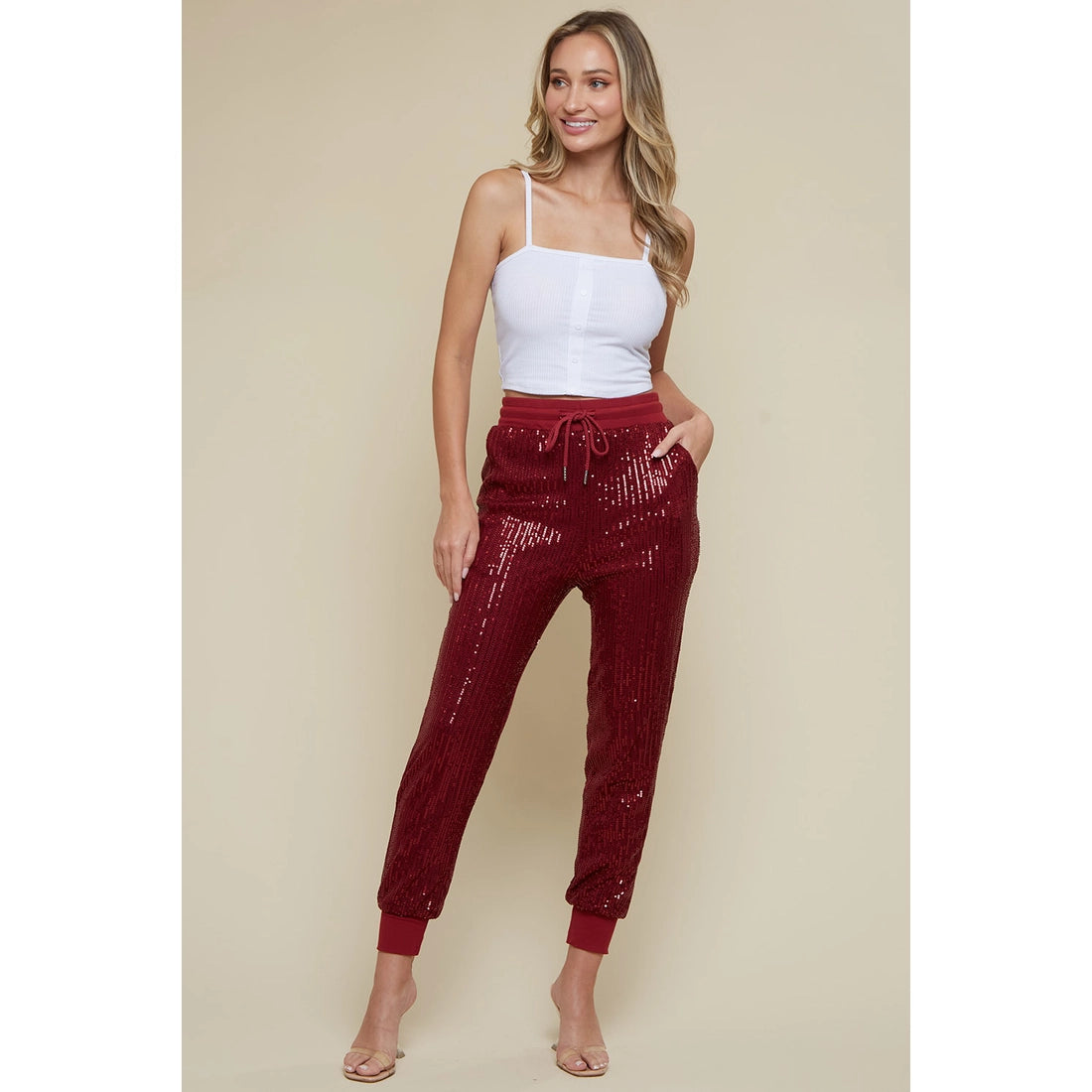 Stretchy Sequin Jogger Pants - Wine