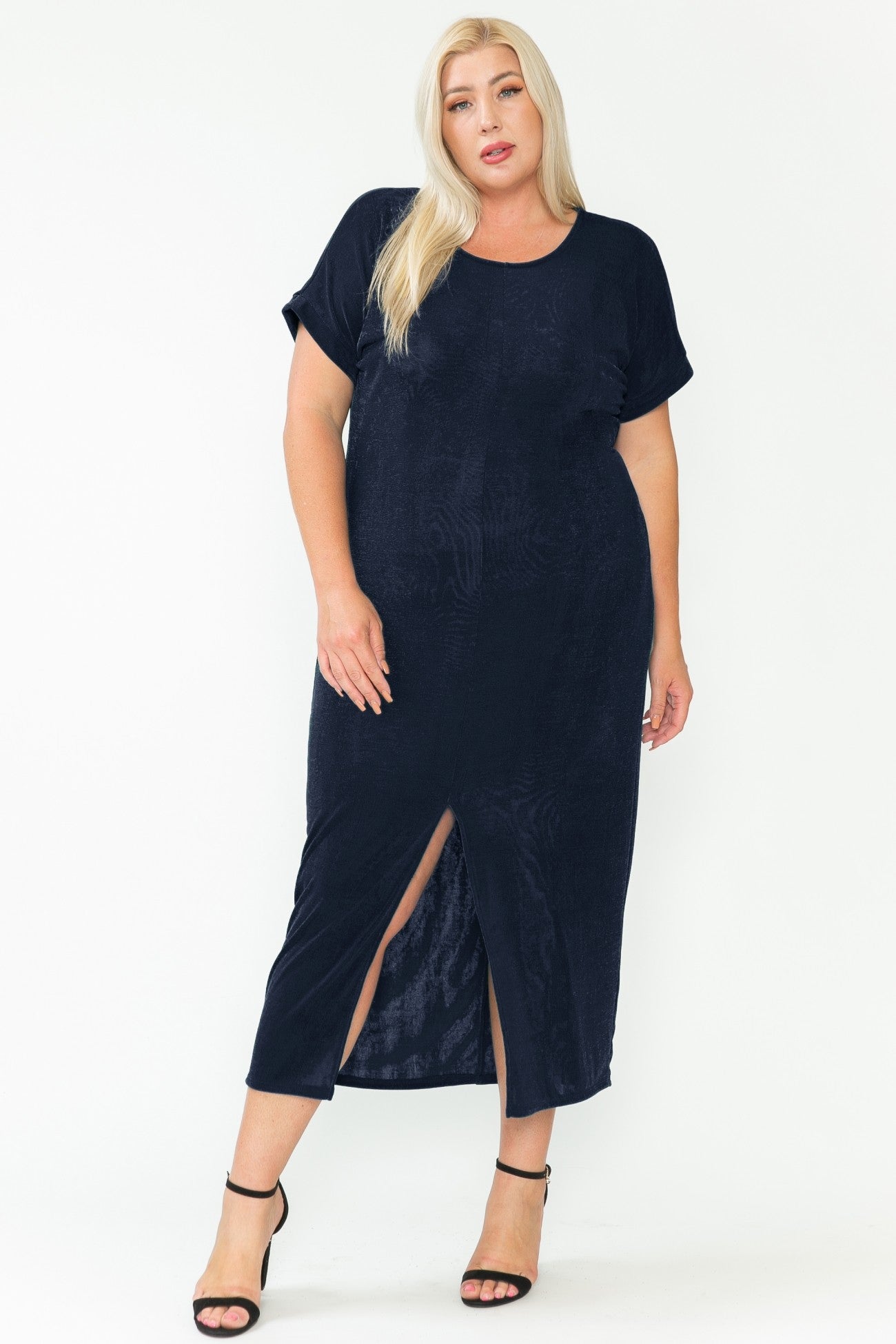 Curvy Girl Round Neck Short Sleeve Maxi Dress - Navy